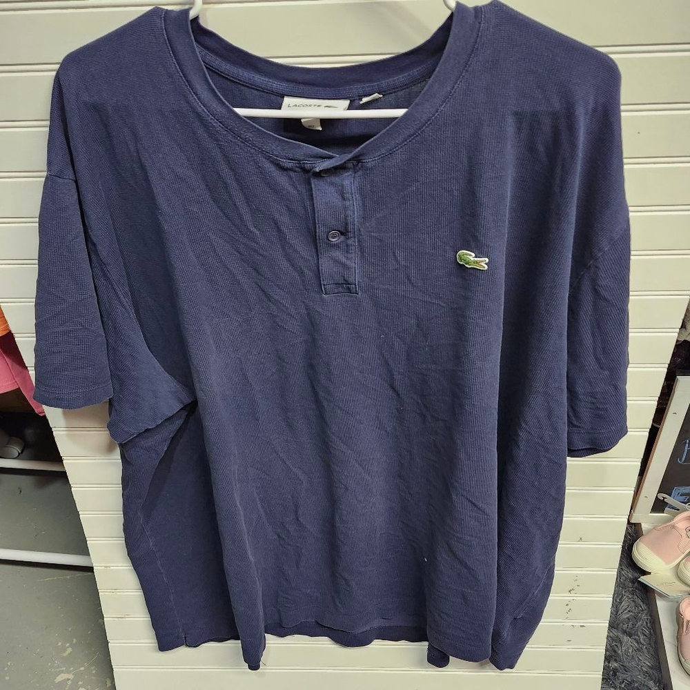 Men's Lacoste Navy Blue Short Sleeve Henley Tee 4XLT with Green Logo B2